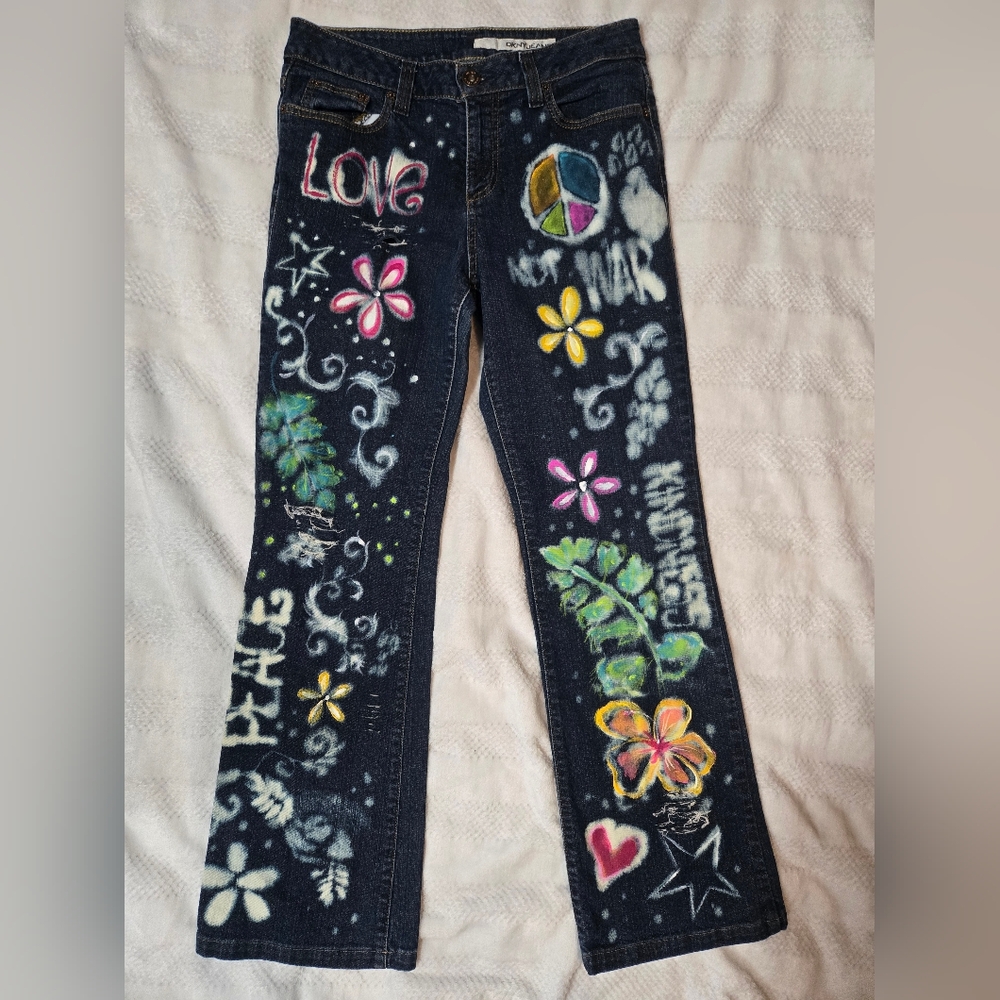 DKNY Jeans Sz 10 R/R Custom Made Hippy Painted Flowers Colorful Happy Pants